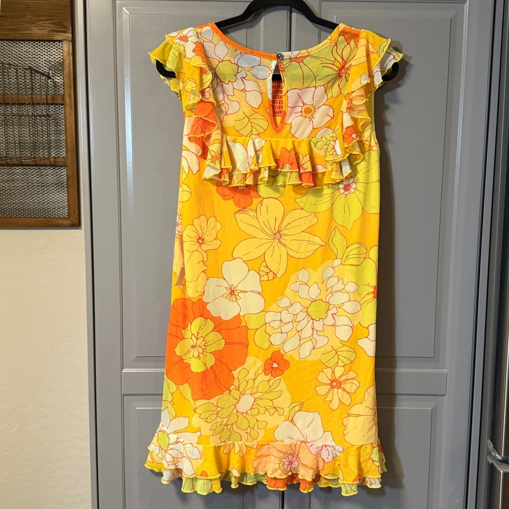 ModCloth Retro That Tropical 'Frilling' Mesh Mini Dress, Yellow Orange, L(NWT) - Picture 7 of 16